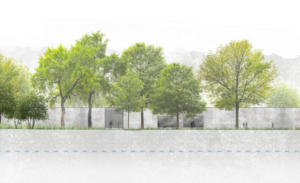 Nejnovější studie protipovodňových opatření zahrnuje vybudování pevné zdi podél jižní hranice zoo a modelování vltavských břehů. Součástí jsou i sloupy pro mobilní zábrany v oblasti jižního vchodu. Vizualizace: IPR