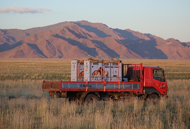 První část cesty z letiště do Bulgan Sumu do Tachin talu vede po asfaltce. Na nezpevněné cesty sjela kolona s koňmi po čtyřech hodinách po opuštění letiště.